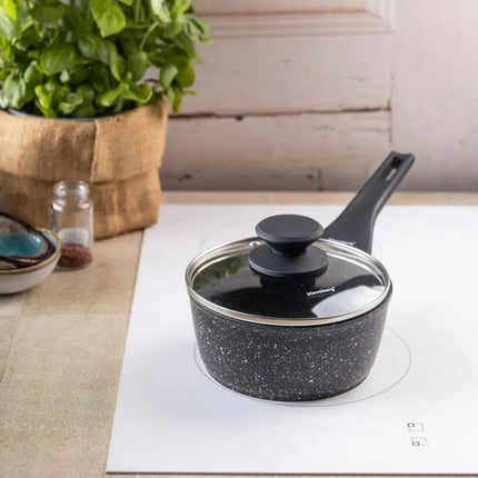 Klausberg KB-7986 Marmeren Steelpan 16 cm met Glazen Deksel – Anti-aanbak, Inductiegeschikt, 1.2 Liter