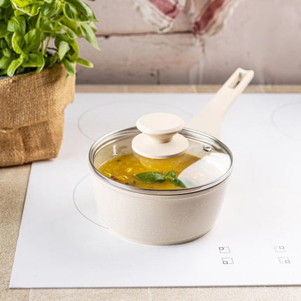 Klausberg KB-7987 Steelpan 16 cm – 1.2 Liter – Marble Anti-aanbaklaag – Inductie Geschikt – Met Glazen Deksel – Crème