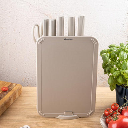 Klausberg KB-7978 8 Delig Keukenset - Messenset met Snijplank en Papierrolhouder - Beige Roestvrij Staal