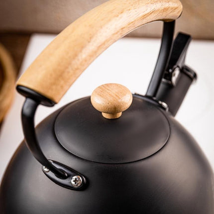 KINGHoff Fluitketel 2.5 Liter – RVS – Inductie Geschikt – Mat Zwart met Houten Handgreep – Minimalistisch Ontwerp – KH-1999