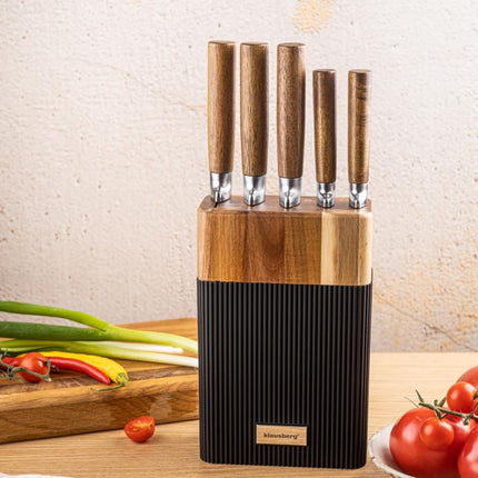 Klausberg KB-7981 6 Delig Messenset - 5 Messen met Acacia Houten Blok - Roestvrij Staal Zwart - Messenblok inclusief Messen - Natuurlijke Look - Koksmes - Broodmes -