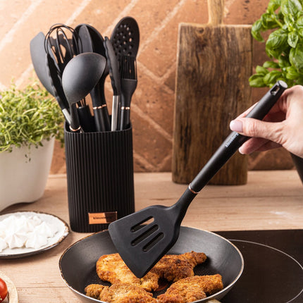 Klausberg Keukengerei Set 12-delig met Standaard – Siliconen Keukengerei – Hittebestendig 220°C – Zwart