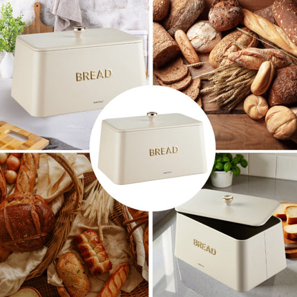 KINGHOFF Broodtrommel - Brooddoos - 35x23x21 cm - Beige met Gouden Details - Metaal & Bamboe - Hygienisch & Eenvoudig Schoonmaken - Broodbak