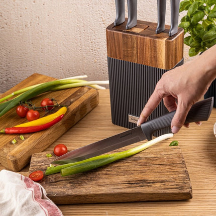 KLAUSBERG 6-Delige Messenset – Acaciahouten Blok – Roestvrijstaal – Grijze Anti-Slip Handgrepen – KB-7979