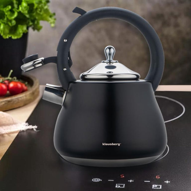 Klausberg Waterkoker 2.8L RVS - Fluitekettle voor Alle Hittebronnen (Inductie, Gas) - Zwart - Fluitketel - Waterkoker - Waterketel