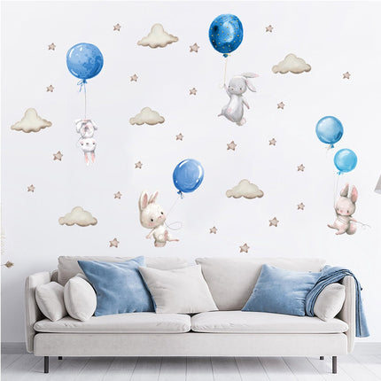 Wandsticker Konijntjes met Ballonnen - Blauw - Set Wanddecoratie voor Kinderkamer - 76x115 cm - Zelfklevende Muurstickers voor Peuterspeelzaal & Kinderkamer
