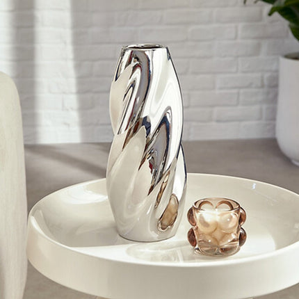 Atmosphera Bloemenvaas Silver Sky - zilver - keramiek - D11 x H28 cm - moderne vorm