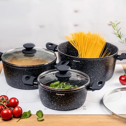 Klausberg KB-7960 Kookpottenset – 3-delig – Marmer Antiaanbak – Inductie Geschikt – 20/24/28 cm – Inclusief Glazen Deksel