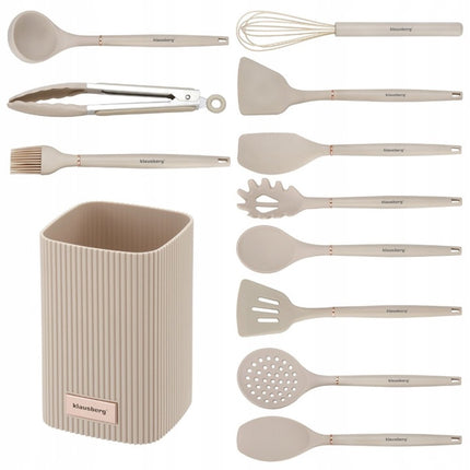 Klausberg Keukengerei Set 12-delig met Standaard – Siliconen Keukengerei – Hittebestendig 220°C – Beige