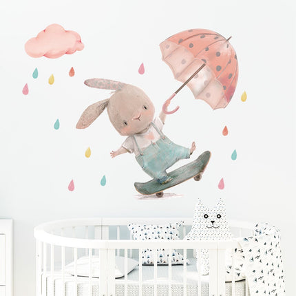 SIPO Wandsticker Konijn met Paraplu - 62x62 cm - Kinderkamer Muurdecoratie - Zelfklevende Muursticker - 1 Stuk - Muursticker - Babykamer - Kinderkamer