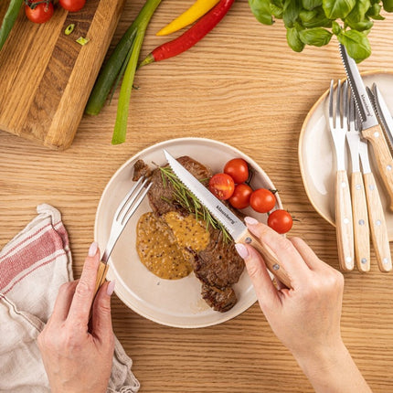 KLAUSBERG 8-Delige Steak & BBQ Set – 4 Steakmessen + 4 Vorken – RVS Bladen – Houten Handgrepen – KB-7976