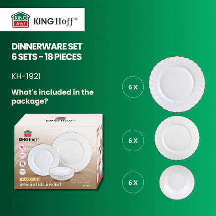 KINGHOFF Bordenset MARIGOLD - 18-delig - Wit met Gouden Rand - Opaal Glas - Dinerborden, Dessertborden & Soepkommen - Set voor 6 Personen