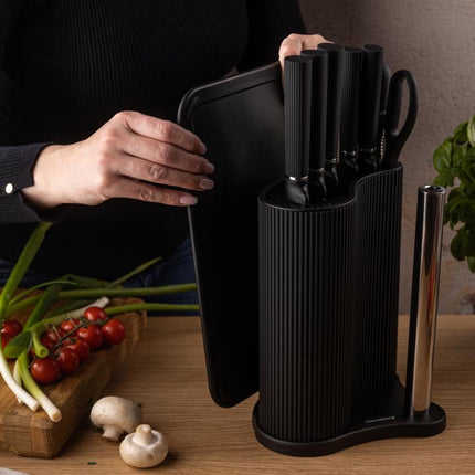 Klausberg KB-7977 8 Delig Keukenset - Messenset met Snijplank en Papierrolhouder - Zwart Roestvrij Staal - Messenblok - o.a. Koksmes, Broodmes, Snijplank, Keukenset