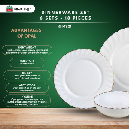 KINGHOFF Bordenset MARIGOLD - 18-delig - Wit met Gouden Rand - Opaal Glas - Dinerborden, Dessertborden & Soepkommen - Set voor 6 Personen