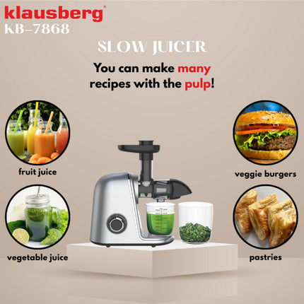 Klausberg KB-7868 Slow Juicer – 150W | Cold Press | Groenten en Fruitpers – Met Pulpreservoir | Grijs | Stille Horizontale Juicer met 7-Traps Perssysteem