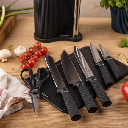 Klausberg KB-7977 8 Delig Keukenset - Messenset met Snijplank en Papierrolhouder - Zwart Roestvrij Staal - Messenblok - o.a. Koksmes, Broodmes, Snijplank, Keukenset