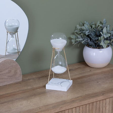 Atmosphera Zandloper cilinder - decoratie of tijdsmeting - 15 minuten - wit zand - D8 x H21 cm - glas - gouden frame