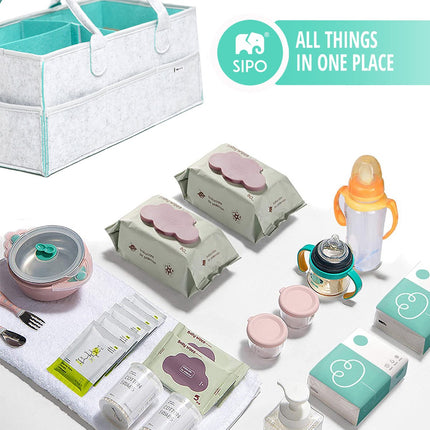 SIPO Luier Organizer Tas - Opbergmand voor Baby Accessoires - Grijze Felt Caddy met Handvat - 3 Vakken + 8 Zakken - Grijs / Mint - Commode Tas - Commode Organizer