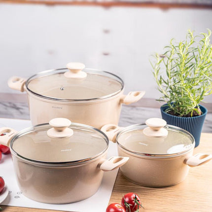 Klausberg KB-7961 Pannenset 6 Delig Beige | Marmer Anti-aanbaklaag | Geschikt voor Inductie | 3 Pannen met Deksels | Creme