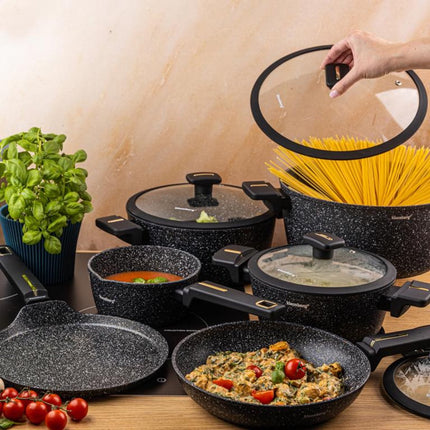 Klausberg Pannen Set 12 Delig - Zwarte Marmer Anti-Aanbaklaag - Geschikt voor Inductie - Inclusief Pannen en Deksels - KB-7966 - Pannenset - Kookset -