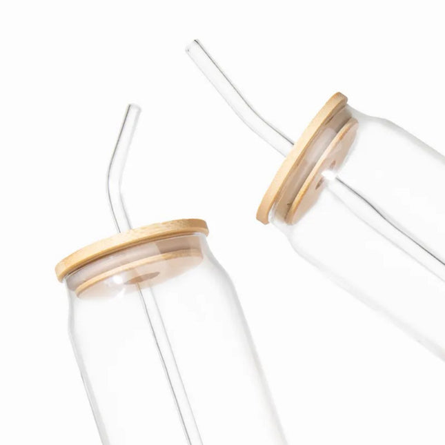 Duurzame Glazen met Bamboe Deksels en Glazen Rietjes – Set van 2 – Incl. Schoonmaakborstels – Geschikt voor Iced Coffee & Bubble Tea