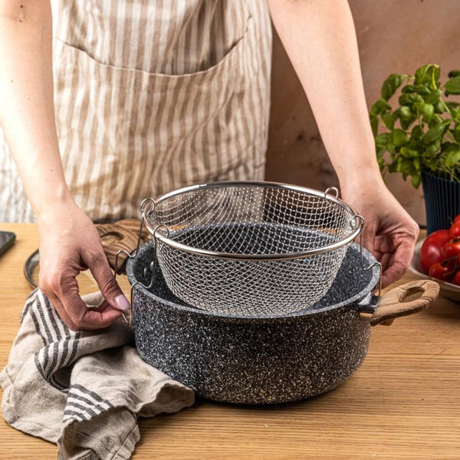 KingHoff KH-1985 4.0 Liter Frituur Pan met Mand - Marmer Non-Stick - Geschikt voor Alle Kookplaten Inclusief Inductie - 24 cm - Frituurpan met Korf - Friteuse