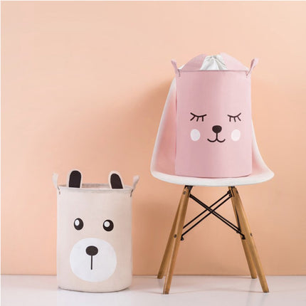 Roze Speelgoedopbergmand met Teddy Beer Gezicht - Katoenen Opbergbox met Trekkoord - Kinderwasmand - 43 Liter - 35x35x45 cm - Sipo - Speelgoedmand