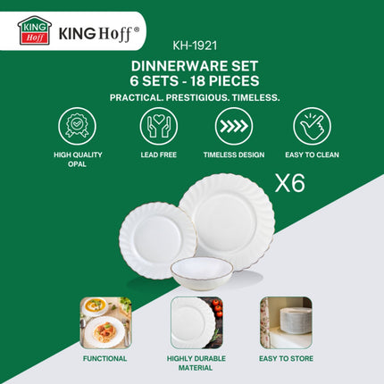 KINGHOFF Bordenset MARIGOLD - 18-delig - Wit met Gouden Rand - Opaal Glas - Dinerborden, Dessertborden & Soepkommen - Set voor 6 Personen