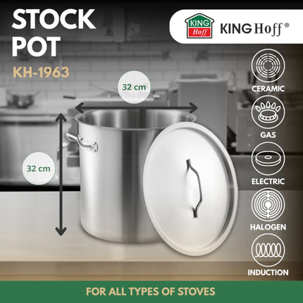 KINGHoff Kookpot 25 Liter - RVS Steel - Ø32 cm - Geschikt voor Inductie - Inclusief Deksel - Professionele Soeppan voor Grote Hoeveelheden - 25L