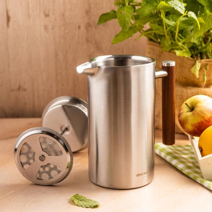 KINGHoff French Press 1 Liter – RVS 304 – Dubbelwandig – Houten Handgreep – Luxe Koffie & Thee Zetter – KH-1995