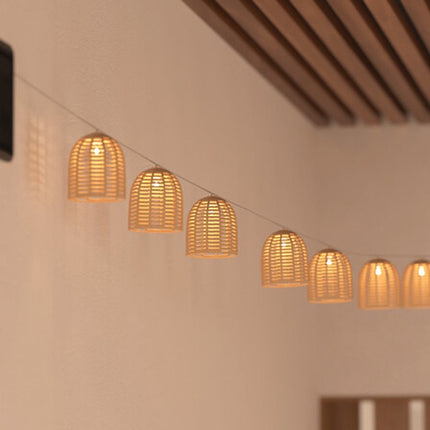 Atmosphera Solar tuin lantaarns lichtsnoer - naturel - rotan kunststof - 335 cm - buiten - Led licht