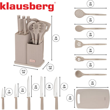 Klausberg Keukenset 15-delig - Mesblok met 5 Messen, 5 Siliconen Keukengereedschappen en Snijplank - Beige