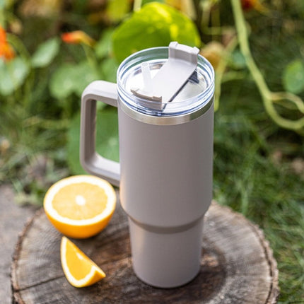 Klausberg KB-7943 Thermische Mok - 1100 ml - Beige - Dubbelwandige Isolatie - Met Handvat en Drinkdop - Thermosbeker - Warmhoudbeker - Thermosfles