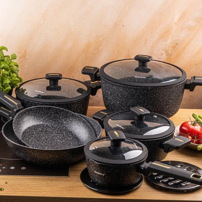 Klausberg KB-7968 Pannenset | 12-Delig | Marmer Anti-aanbaklaag | Inclusief Wok Pan | Geschikt voor Inductie | Pannen set | Glazen dekels