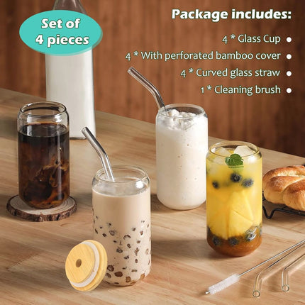 Bubble Tea Glazen Set - 4 Stuks 500 ml met Deksel en Rietje