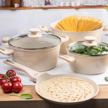 Klausberg KB-7963 Pannenset 7 Delig Beige | Marmer Anti-aanbaklaag | Inclusief Koekenpan 24 cm | Geschikt voor Inductie