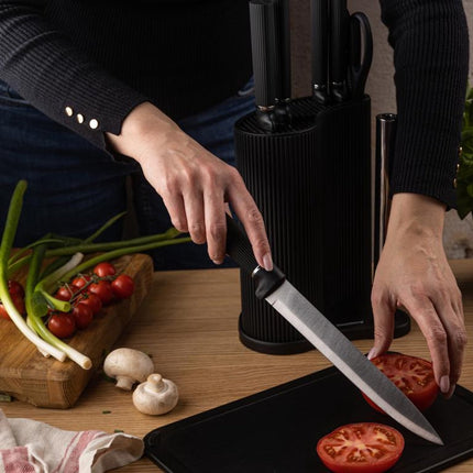 Klausberg KB-7977 8 Delig Keukenset - Messenset met Snijplank en Papierrolhouder - Zwart Roestvrij Staal - Messenblok - o.a. Koksmes, Broodmes, Snijplank, Keukenset