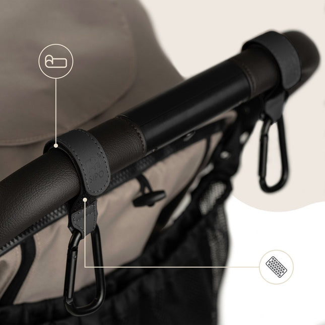 Sipo SCA-12 Universele Wagenhaakjes - Set van 2 Stuks - Eco Leren Ontwerp - Boodschappenhaak - Tot 5 kg Draagvermogen - Karabijnhaak - Tassendrager - Kinderwagen -