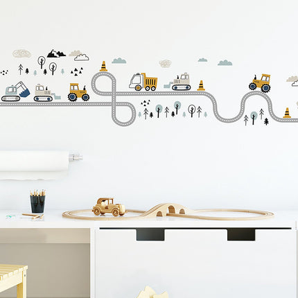 Wandsticker Tractors en Straat - Zelfklevende Muurdecoratie voor Kinderkamer - 32x144 cm - Trekker Wandsticker voor Jongenskamer en Kinderdagverblijf
