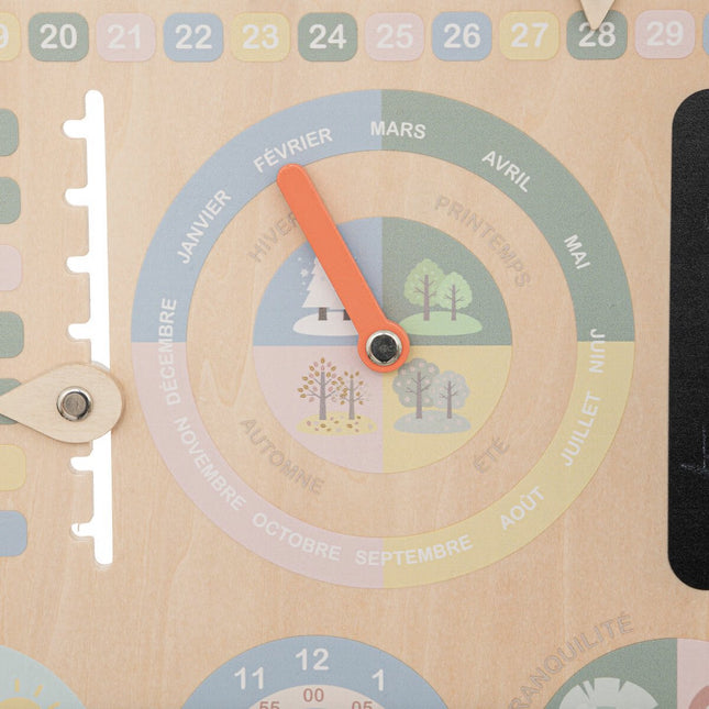 Houten leerklok en kalender - Franstalige versie - Leer dagen, maanden, weer en tijd - 29,5 × 29,5 cm