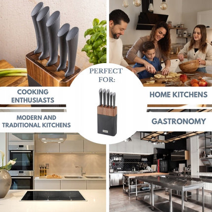 KLAUSBERG 6-Delige Messenset – Acaciahouten Blok – Roestvrijstaal – Grijze Anti-Slip Handgrepen – KB-7979