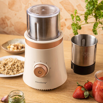 KLAUSBERG KB-7993 Elektrische 2-in-1 Koffie- en Kruidenmolen – 200W – RVS Bekers – Droog & Nat Malen – 3 Snelheden – 80g Capaciteit – beige/Koper