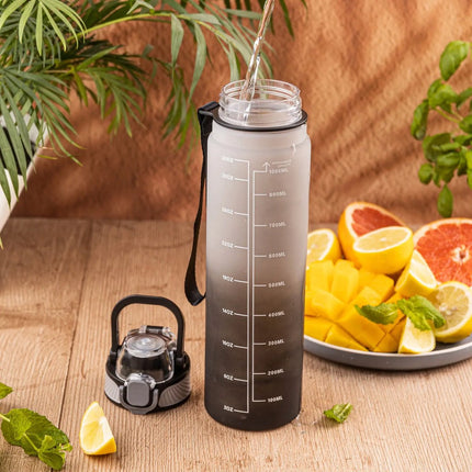 KINGHoff Waterfles 1L met Veiligheidslock – BPA-vrij & Lekvrij – Sportfles - Motivatie Waterfles -bidon