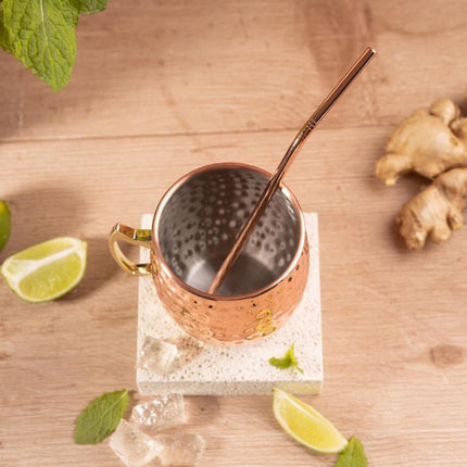 KINGHoff Moscow Mule Bekerset – 2 Koperen Bekers 500 ml + 2 Metalen Rietjes – RVS Binnenzijde – Hammered Design – Ideaal voor Cocktails & Iced Drinks