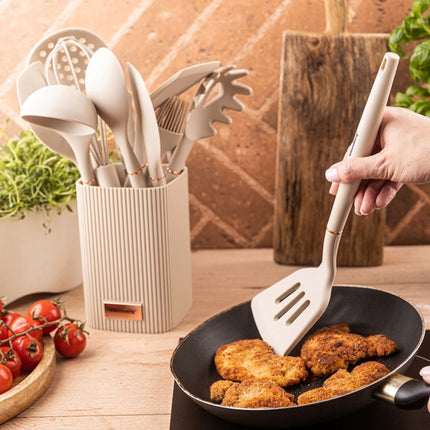 Klausberg Keukengerei Set 12-delig met Standaard – Siliconen Keukengerei – Hittebestendig 220°C – Beige