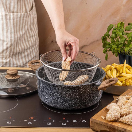 KingHoff KH-1985 4.0 Liter Frituur Pan met Mand - Marmer Non-Stick - Geschikt voor Alle Kookplaten Inclusief Inductie - 24 cm - Frituurpan met Korf - Friteuse