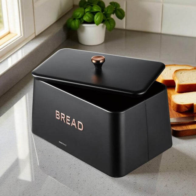 KINGHOFF Broodtrommel - Brooddoos Metaal - Mat Zwart - 35x23x21 cm - Ventilatiegaten - Hygienisch & Eenvoudig Schoonmaken - Broodbak