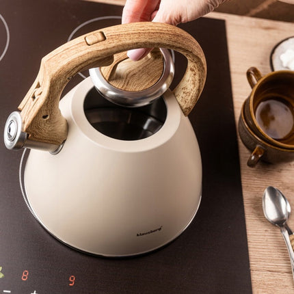 KLAUSBERG KB-7954 Fluitketel 2,5 L – waterkoker- Beige Mat – Houtlook Handgreep – RVS – Soft-Touch – Inductie