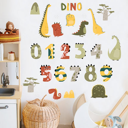 Sipo Wandsticker Cijfers en Dino's - Educatieve Muurdecoratie voor Kinderkamer - 63x63 cm - Zelfklevende Cijfersticker met Dinosaurussen