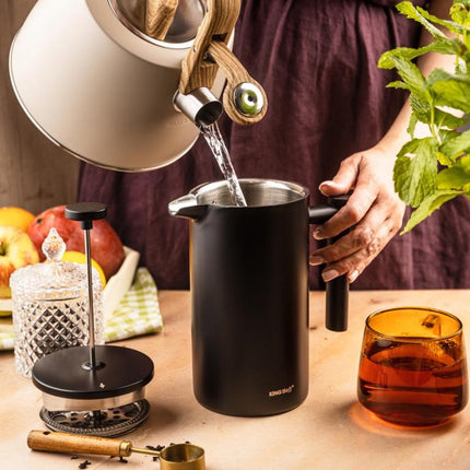KINGHoff French Press 1 Liter – Mat Zwart – Dubbelwandig RVS – Luxe Koffie & Thee Zetter – KH-1996